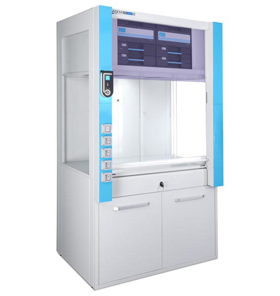 Sorbonne autoportante GFH - Classe M0 - 1 guillotine à 3 vitres coulissantes - L1265 x p965 x H2300 mm