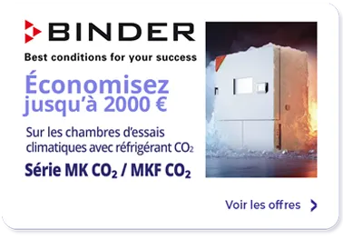 Offre promotionnelle BINDER : jusqu'à 2 000 € d'économies sur les chambres d'essais climatiques à réfrigérant CO₂ des séries MK CO₂ et MKF CO₂.