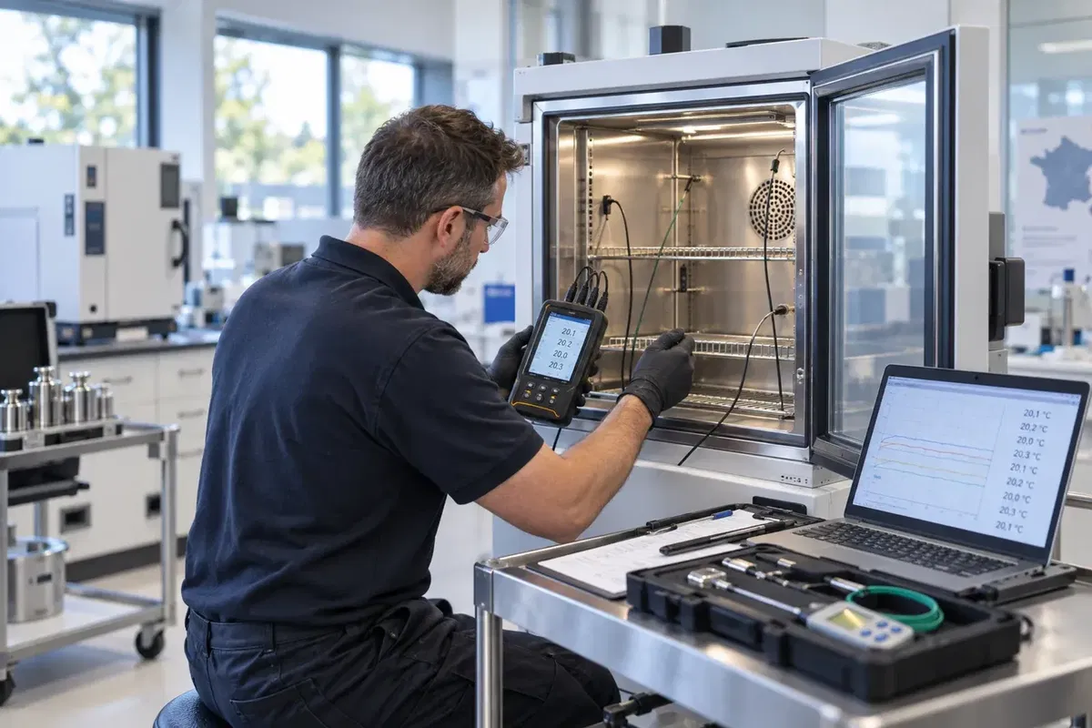 Technicien réalisant une cartographie des températures d’une enceinte climatique de laboratoire