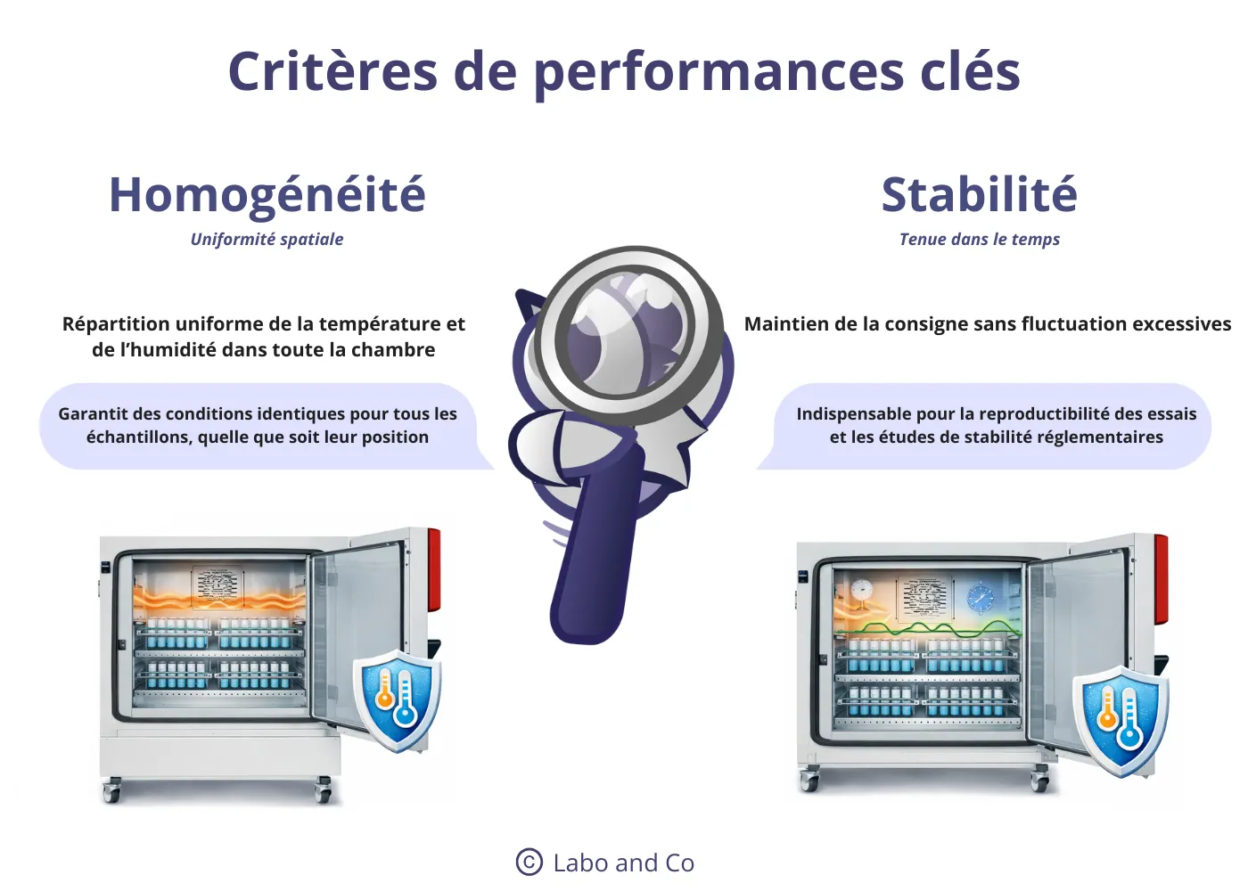 Illustration des critères de performance d’une enceinte climatique : homogénéité de la température et de l’humidité dans l’espace et stabilité des conditions dans le temps
