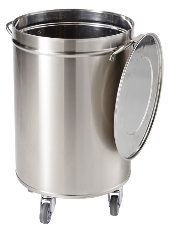 Poubelle inox ronde avec couvercle amovible sur roulettes 50 litres