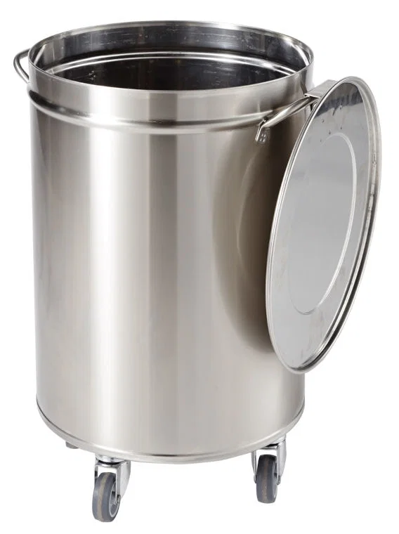 Poubelle inox ronde avec couvercle amovible sur roulettes 105 litres