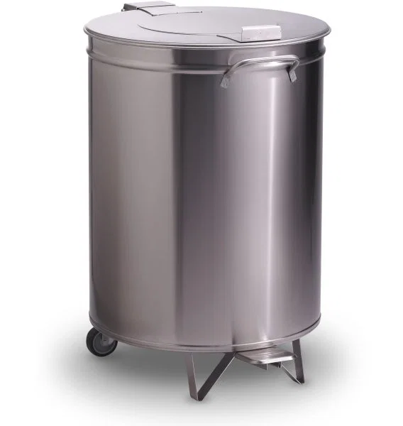 Poubelle inox ronde - Couvercle à pédale sur roulettes - 50 litres