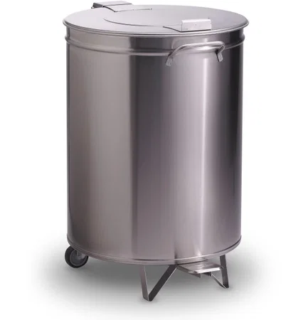 Poubelle inox ronde - Couvercle à pédale sur roulettes - 50 litres
