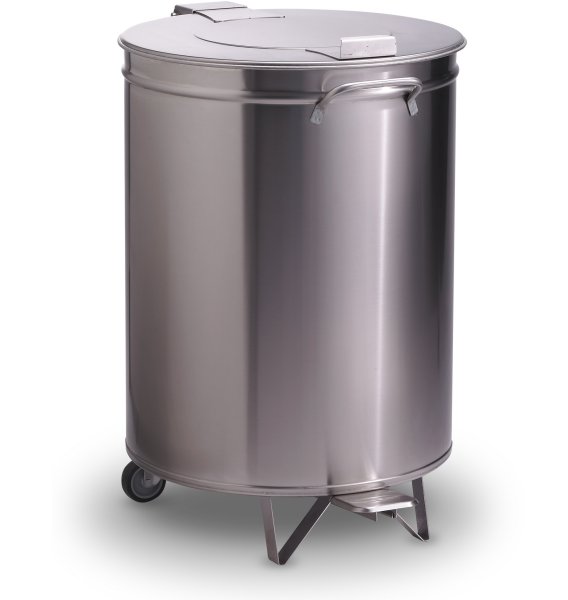 Poubelle inox ronde - Couvercle à pédale sur roulettes - 105 litres