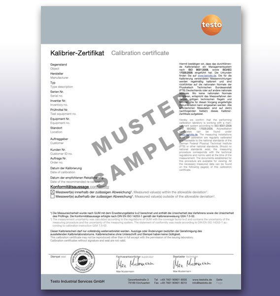 Certificat d'étalonnage en température raccordé standard - Testo