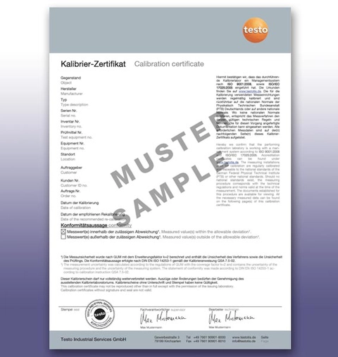 Certificat d'étalonnage en température raccordé standard - Testo